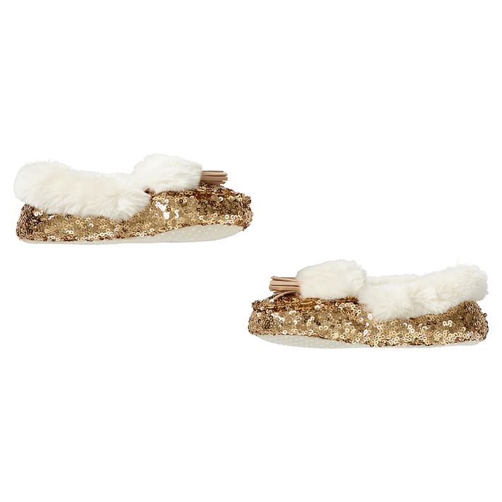 Gold Sequin Faux-Fur Moccasin Slippers