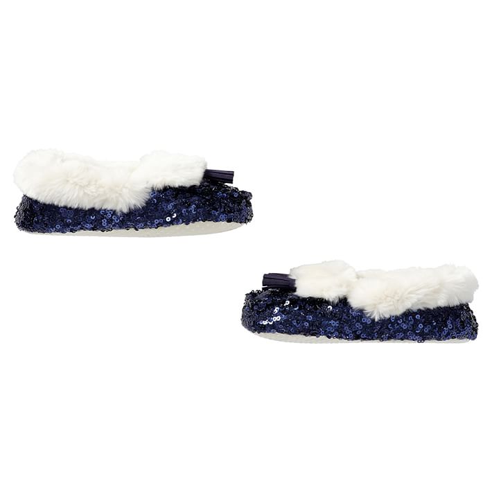 Navy Sequin Faux-Fur Moccasin Slippers