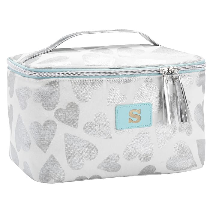 Sleepover Silver Tossed Hearts Large Makeup Case