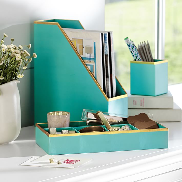 Printed Paper Desk Accessories Set, Solid Pool With Gold Trim