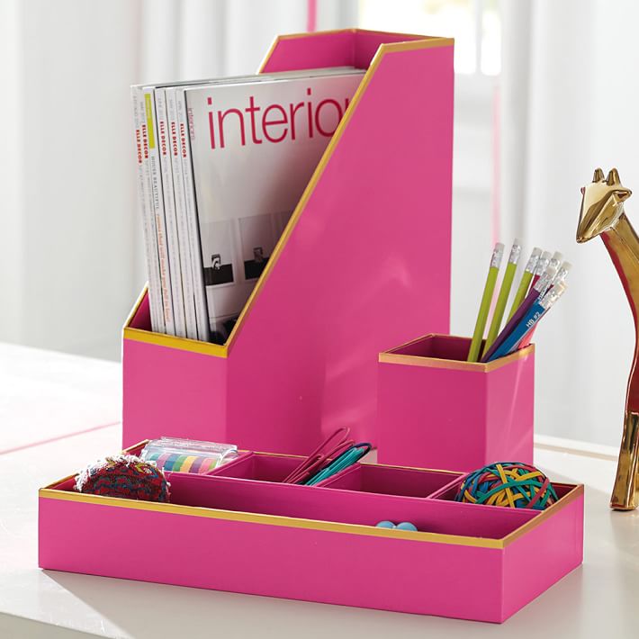 Printed Paper Desk Accessories Set, Solid Pink With Gold Trim