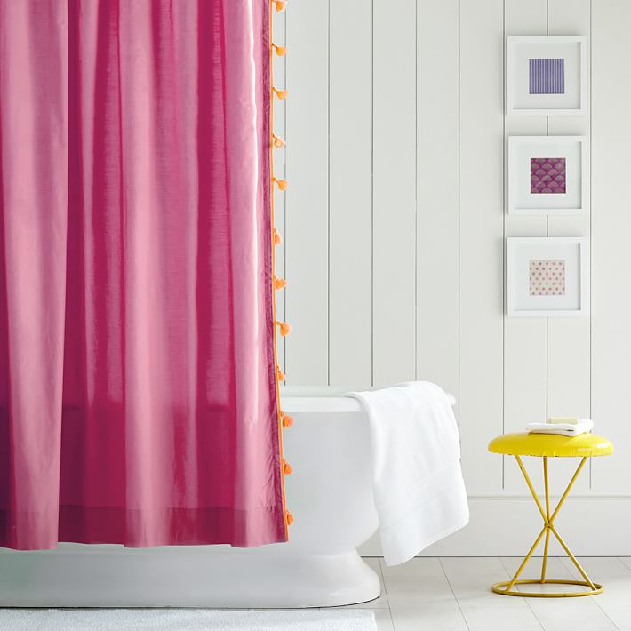 Color on Color Tassel Shower Curtain, Pink