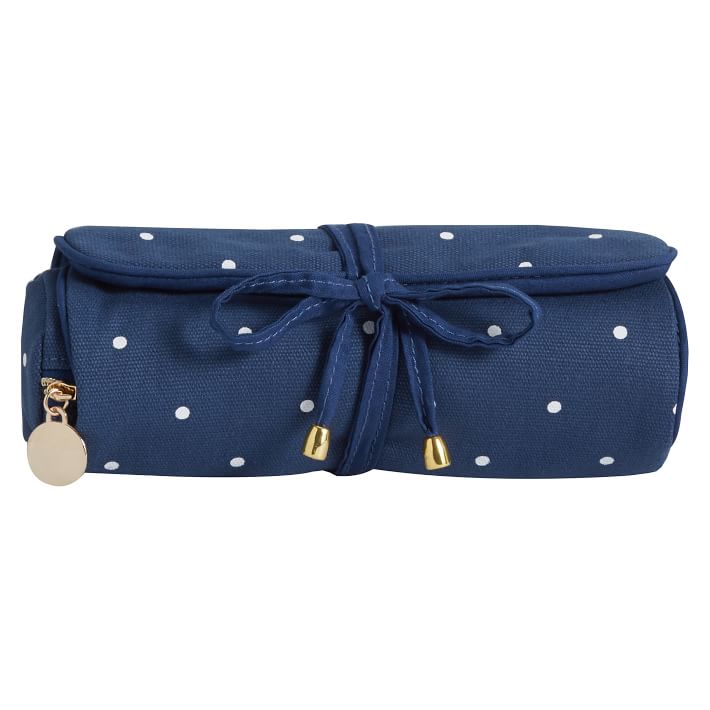 Sleepover Navy Pin Dot Jewelry Roll Roll Up Case