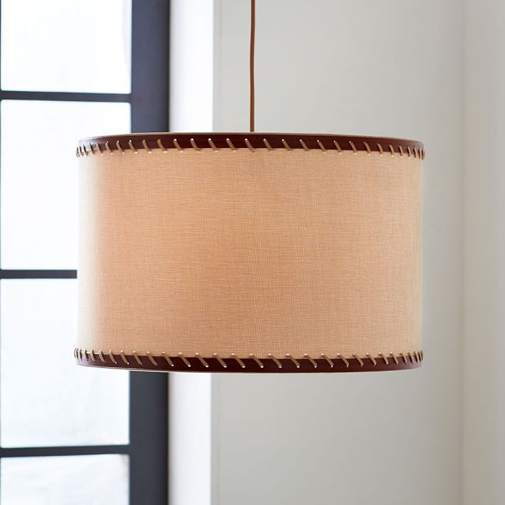 Linen And Leather Trim Drum Shade Pendant
