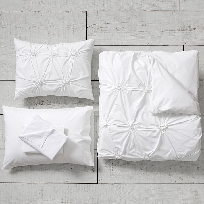 Organic Ruched Rosette Duvet Bedding Set with Duvet Cover, Duvet Insert, Sham, Sheet Set + Pillow Inserts