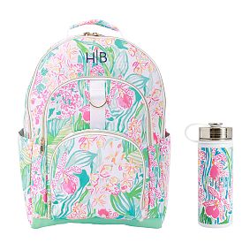 Women stay with Backpack with reusable water bottle in a pocket Stock Photo  by katrinshine