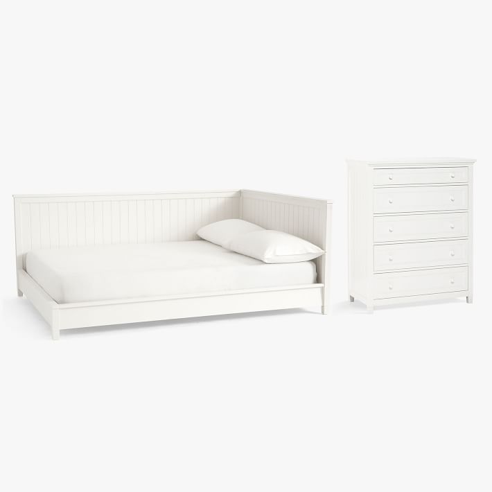 Beadboard Lounge Platform Corner Bed &amp; 5-Drawer Dresser Set