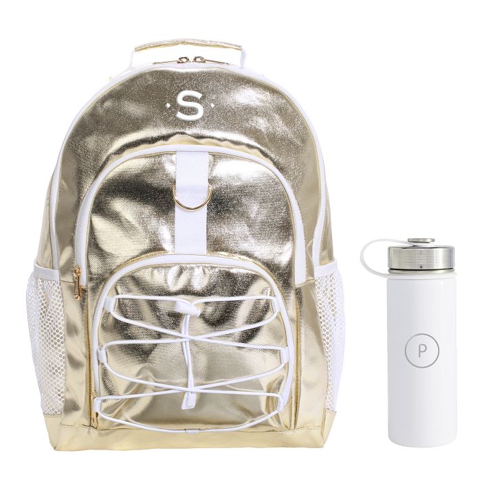 Metallic Gold Backpack and Solid White Slim Water Bottle Bundle
