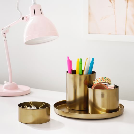Printed Paper Desk Accessories Set - Solid Pink With Gold Trim - Sale