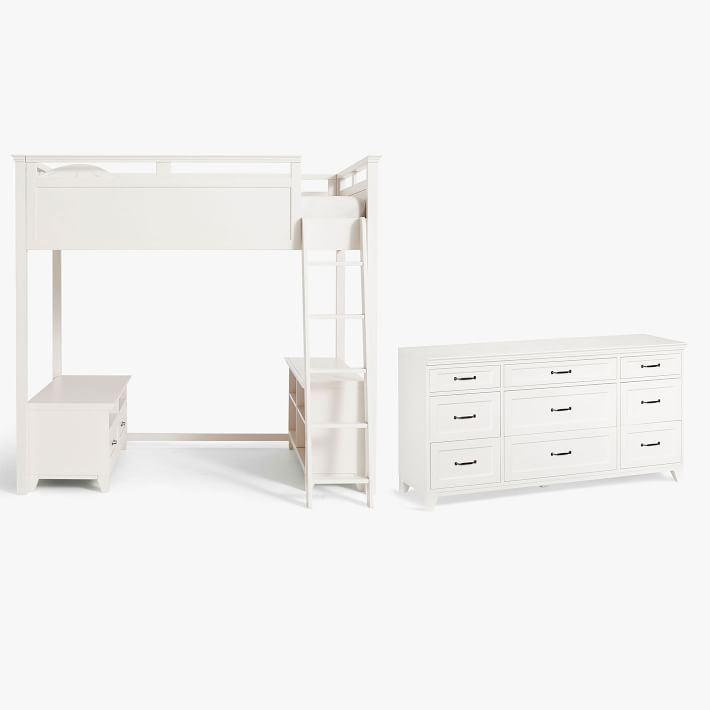 Hampton Loft Bed with Media &amp; Bookcase Set &amp; 9-Drawer Dresser Set