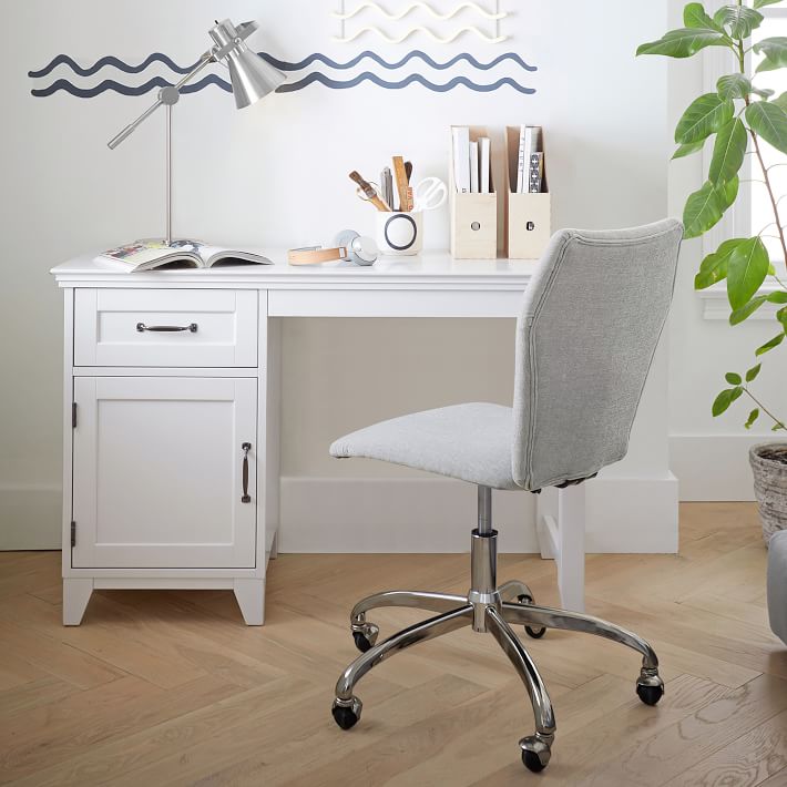 Hampton Small Space Storage Desk and Chenille Plain Weave Washed Light Gray Airgo Desk Chair Set