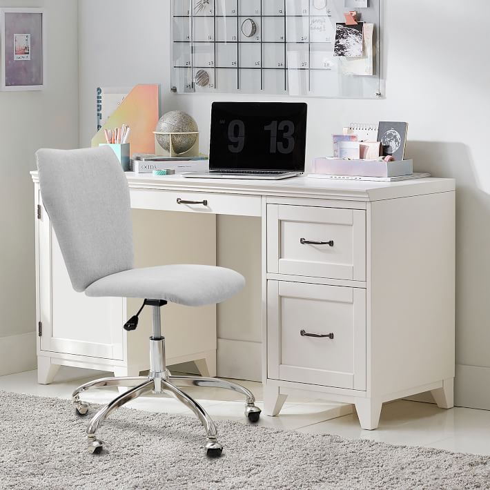 Hampton Smart Storage Desk and Chenille Plain Weave Washed Light Gray Airgo Desk Chair Set