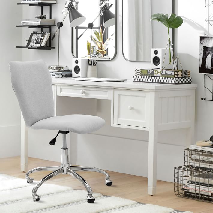 Beadboard Small Space Storage Desk and Chenille Plain Weave Washed Light Gray Airgo Desk Chair Set
