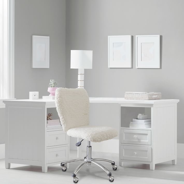 Beadboard Smart Cubby Corner Storage Desk and Sherpa Ivory Airgo Desk Chair Set