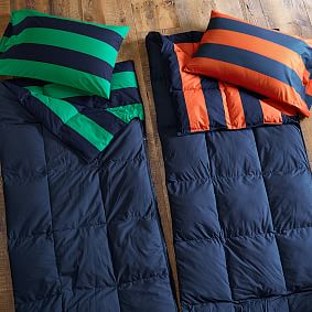 Rugby Stripe Sleeping Bag &amp; Pillowcase, Navy/Orange