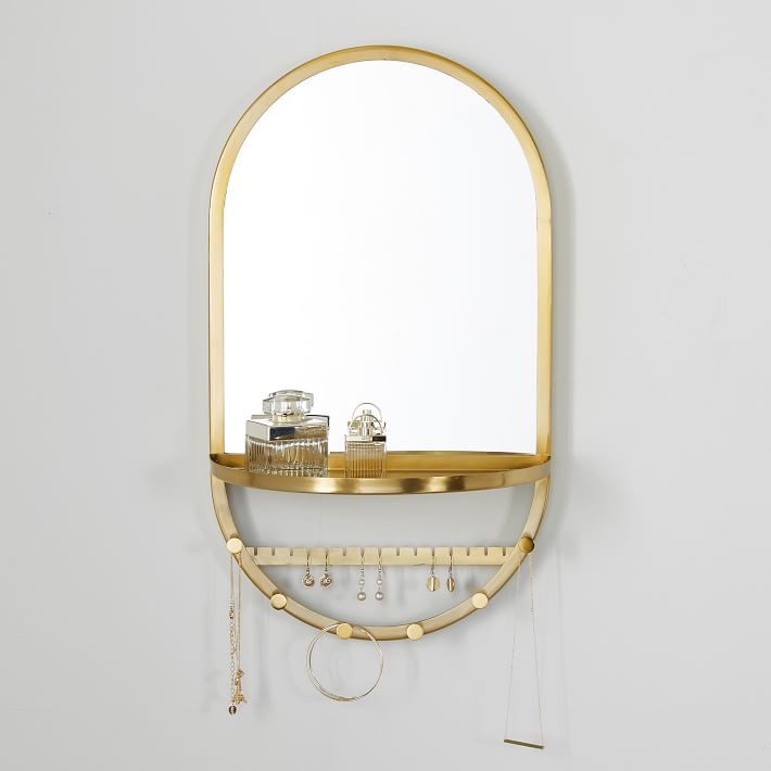 Gold Arched Wall Jewelry Storage Mirror With Shelf
