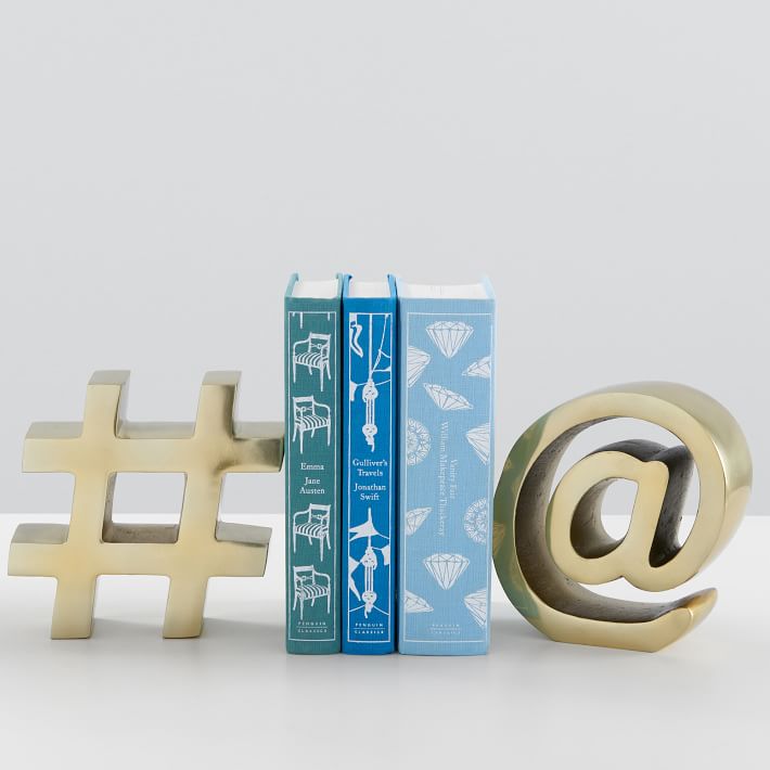 Gold Hashtag &amp; At Symbol Bookends, Set of 2