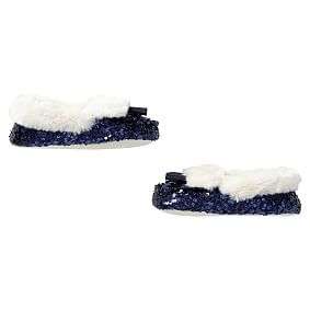 Navy Sequin Faux-Fur Moccasin Slippers