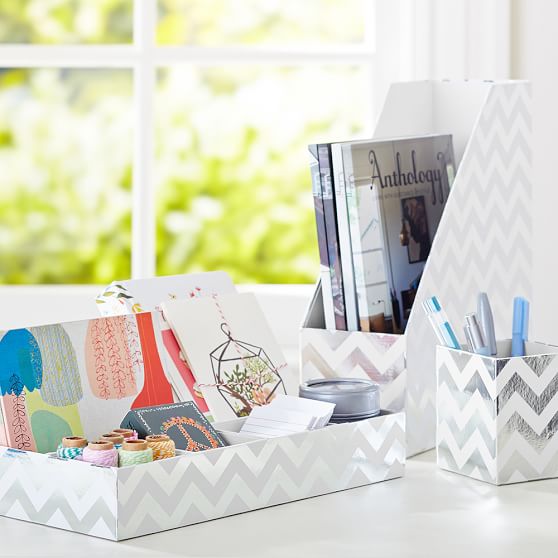 Printed Paper Desk Accessories Set - Metallic Silver Foil Chevron ...