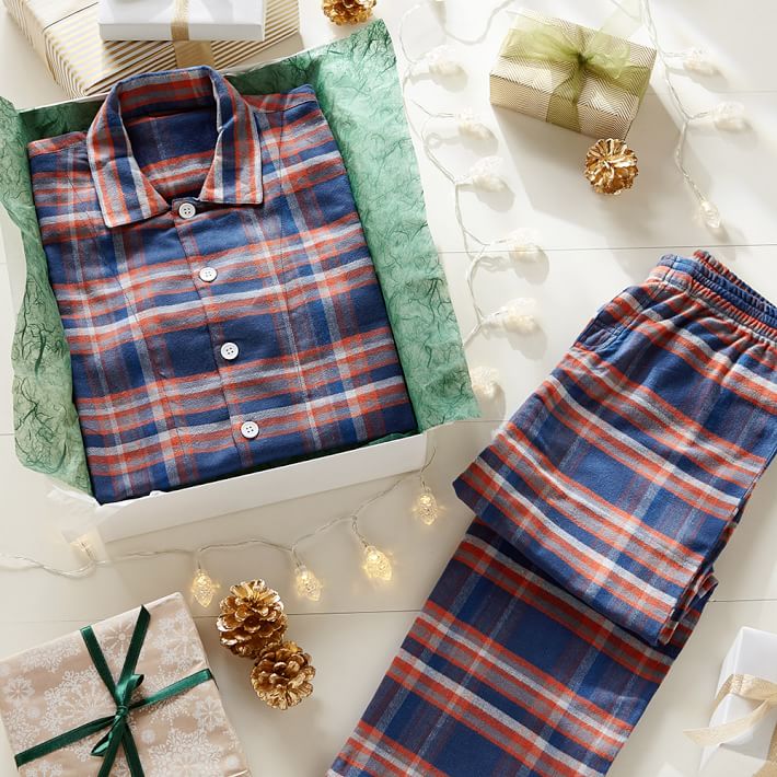 Fireside Plaid Flannel Pajama Set, Navy/Orange