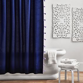 Color On Color Tassel Shower Curtain, Navy