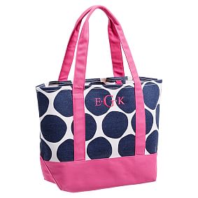 Surf Swell Beach Tote, Navy Oversized Dot/Pink Trim