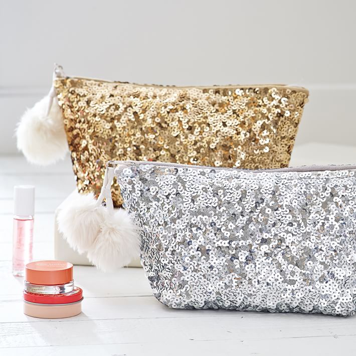 Sparkle Sequin Beauty Pouch, Silver and Gold