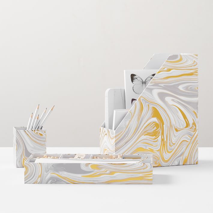 Paper Desk Accessories, Set Of 3, Gold Marble