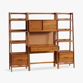 west elm x pbt Mid-Century Smart Wall Desk &amp; Bookshelf Set, Acorn