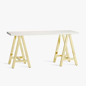 Customize It Simple Small Wood Desk Metal A Frame, Simply White with Gold Base