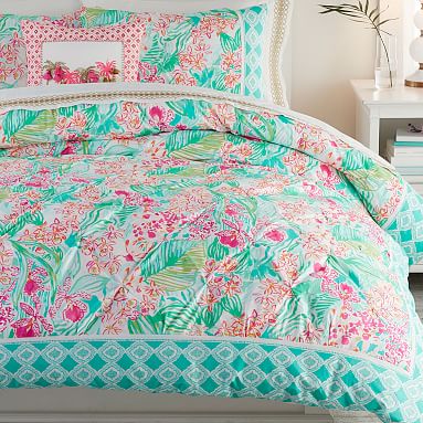 Popular Lilly Pulitzer Garnet Hill Pink Blue Green Floral Twin Duvet Cover 100% cotton