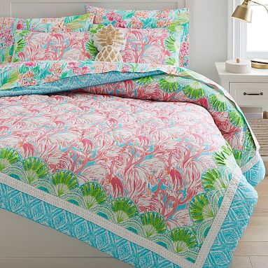 LILLY PULITZER store Duvet Cover Queen Vintage MultiColor Tropical Patchwork Pink Blue