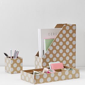 Printed Paper Desk Accessories Set, Natural Kraft &amp; White Dot