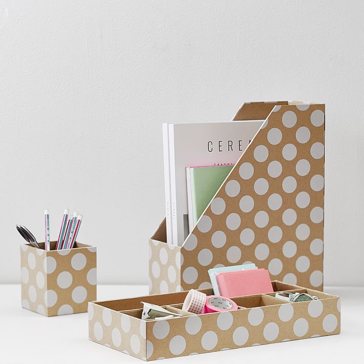 Printed Paper Desk Accessories Set, Natural Kraft &amp; White Dot