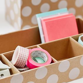 Printed Paper Desk Accessories Set, Natural Kraft &amp; White Dot