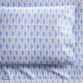 Organic Roller Rabbit Monkey Sheet Set, Queen, Blue Multi