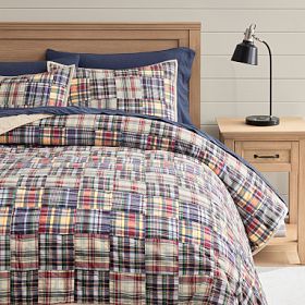 Pottery Barn Navy blue plaid shops Madras full/queen quilt and blanket