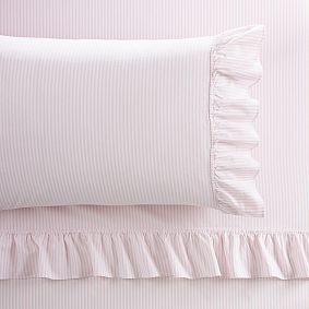 Washed Cotton Ruffle Stripe Sheet Set, Queen, Powdered Blush
