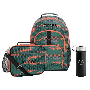 Gear-Up Hexagon Camo Reflective Backpack, Cold Pack Lunch & Water Bottle Bundle, Large