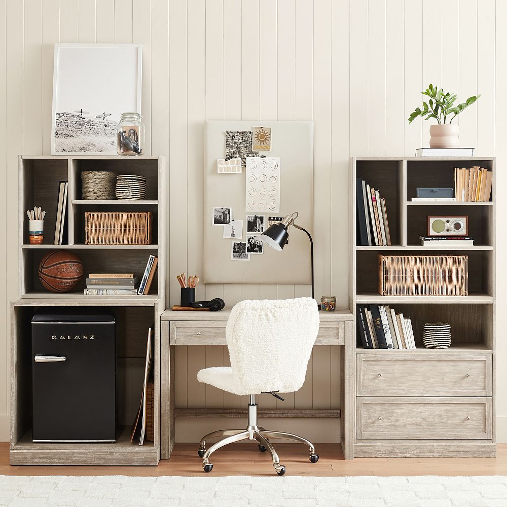 Stack Me Up Desk &amp; Bookcase with Mixed Shelves, Drawers and Fridge Storage Set