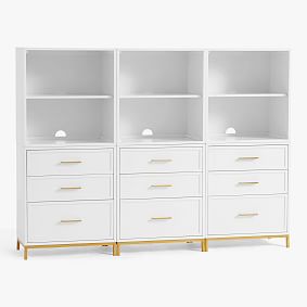 Blaire Triple Tall Bookcase with Drawers, Simply White