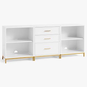 Blaire Double 2-Shelf Bookcase, 1 3-Drawer Bookcase, & Base, Simply White