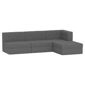 Piped Cushy Storage L-Shaped Sectional Set, Tweed Charcoal