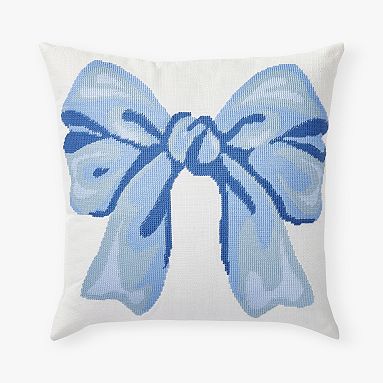 LoveShackFancy Needle Point Bow Pillow, 16x16 Inches, Blue