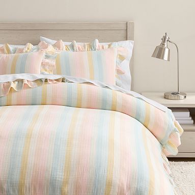 Multi Stripe Cotton Gauze Stripe Organic Duvet Cover, Single/Single XL, Multi