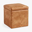 Simple Square Storage Ottoman, Faux Leather Caramel