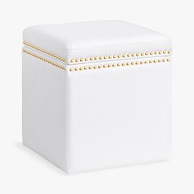 Square Storage Ottoman with Nailheads, Faux Leather White