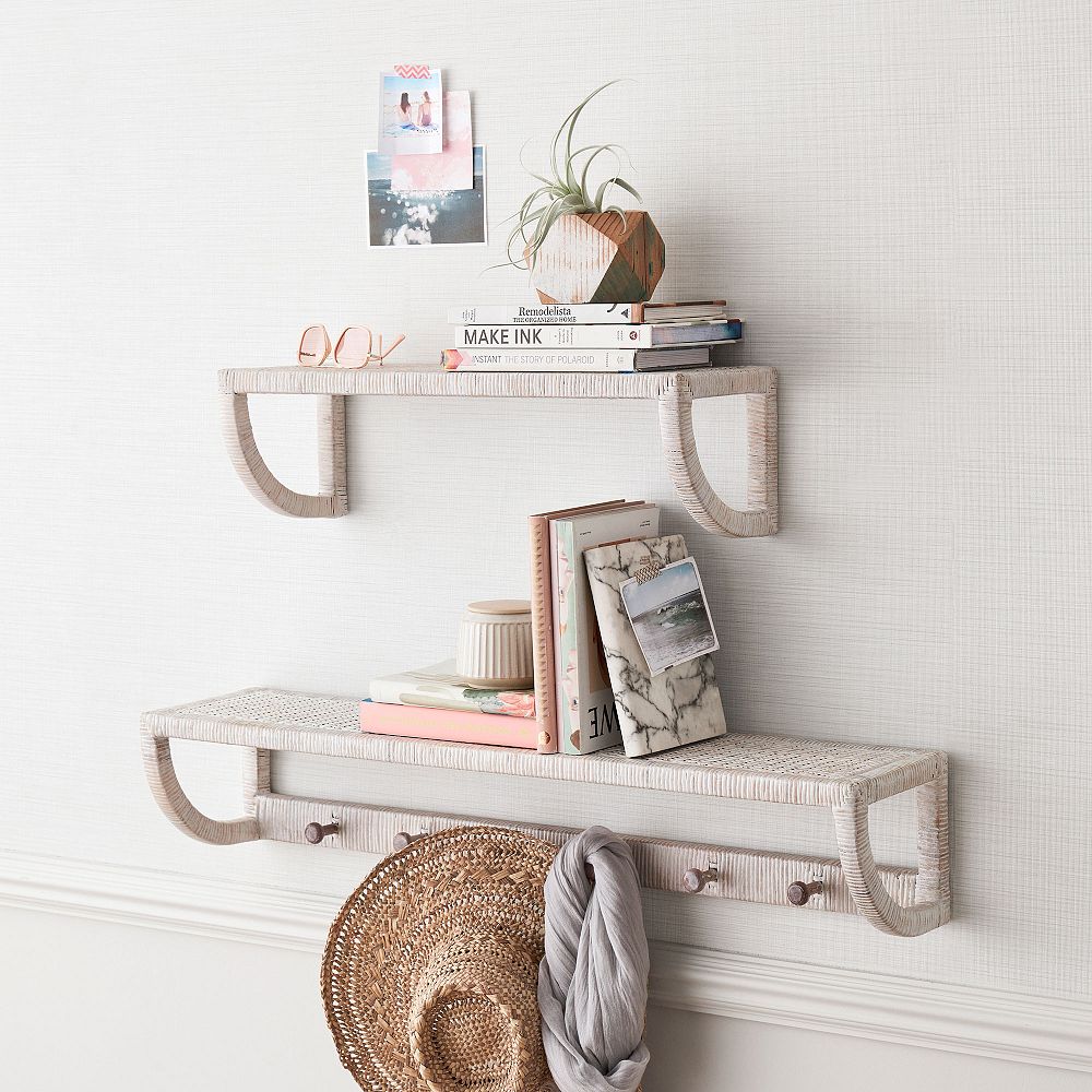 Whitewash Coastal Rattan Shelf