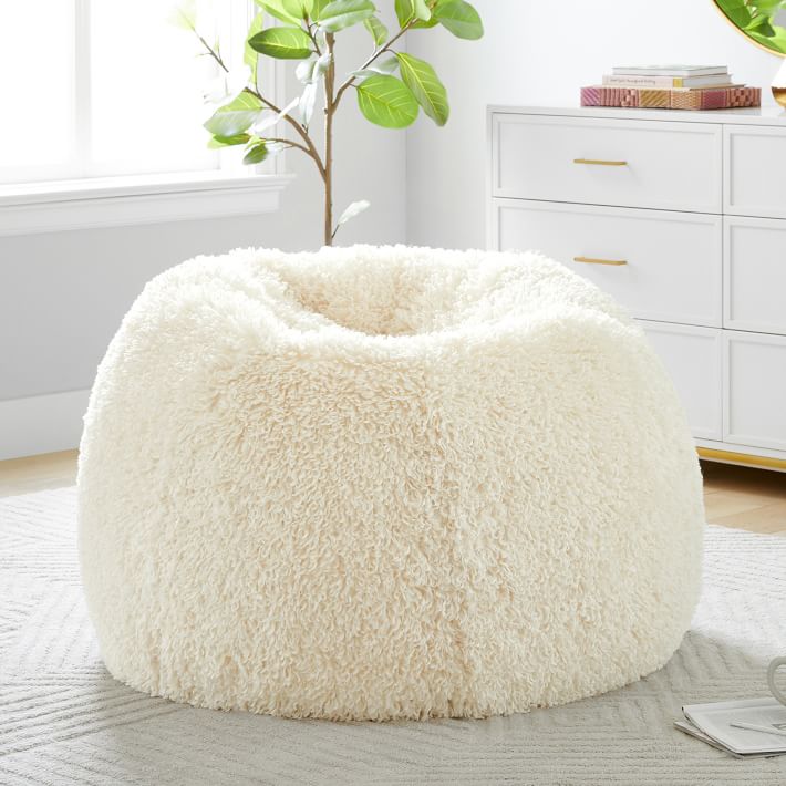 Mongolian Faux-Fur Ivory Bean Bag Chair