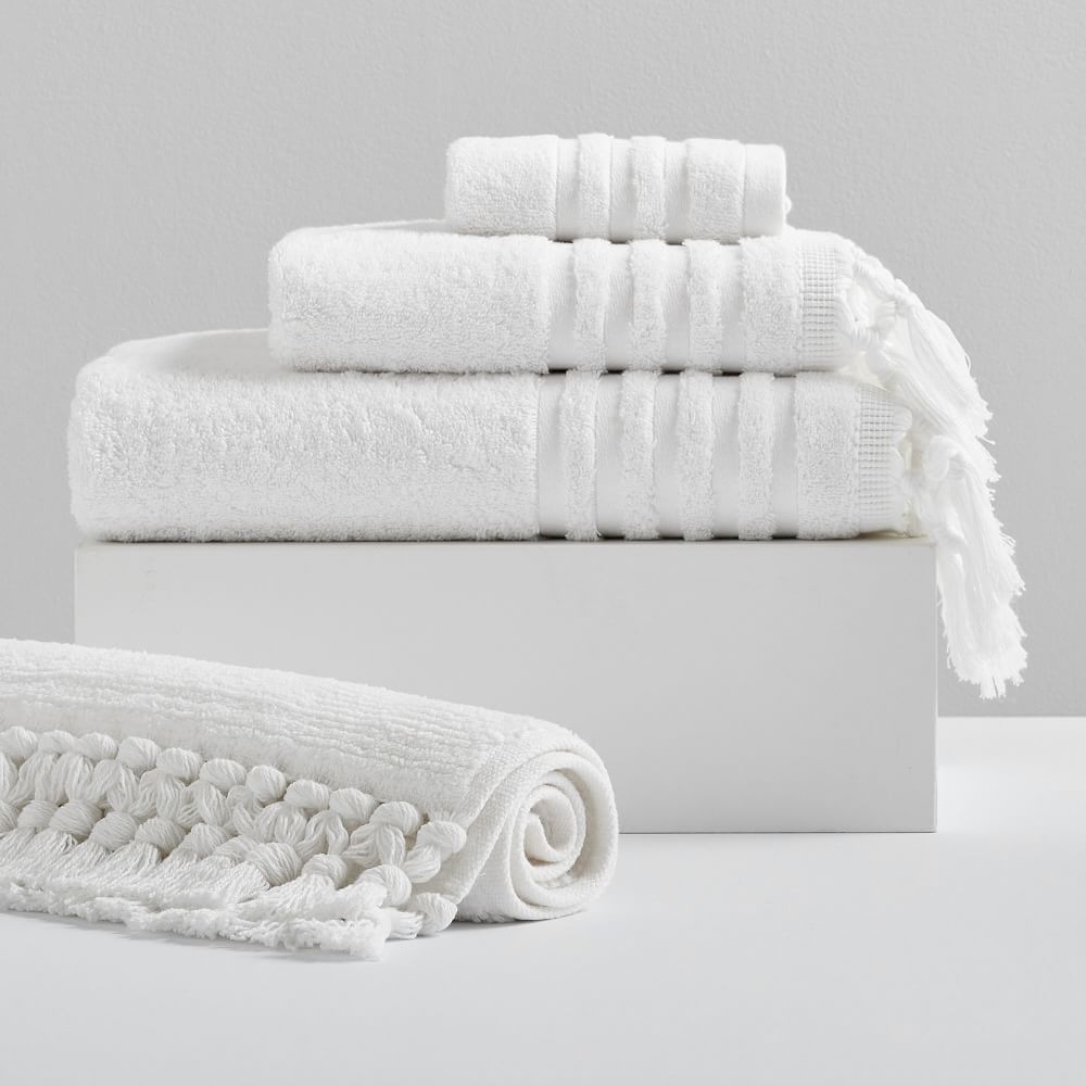 Classic Tassel Towel &amp; Bath Mat Set - White
